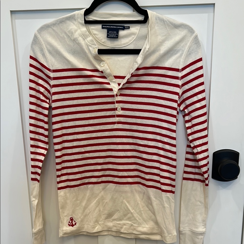 Ralph Lauren Women’s Red and White Striped Top (Size Medium)